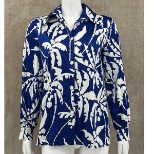 Vintage De Weese Design Top Womens Medium Blue‎ White Tropical Palm Trees Beach